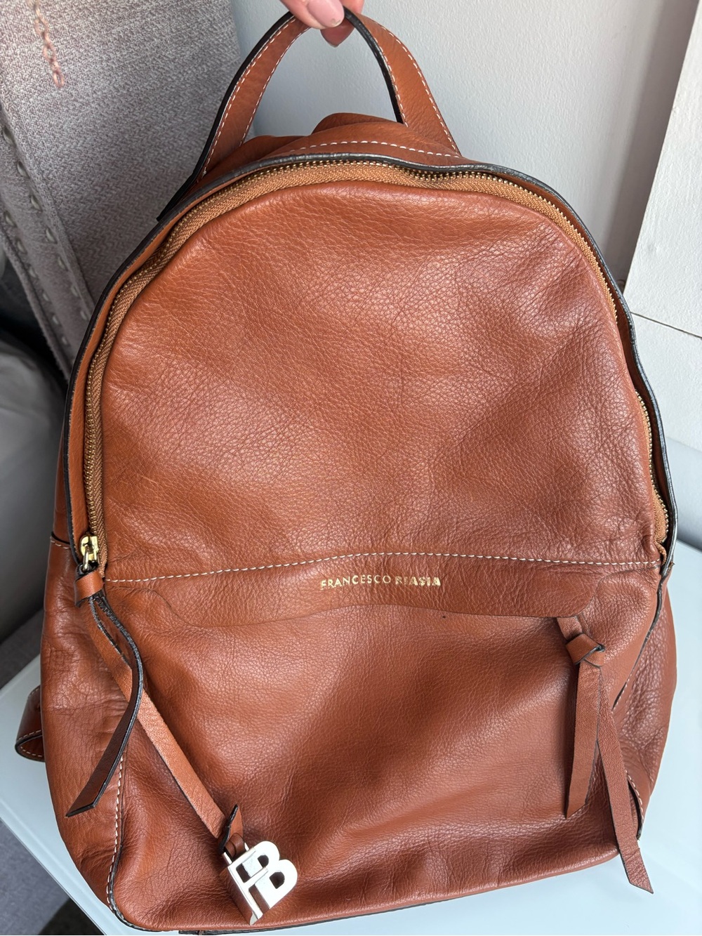Francesco Biasia Cognac Brown Leather Backpack with Gold Hardware